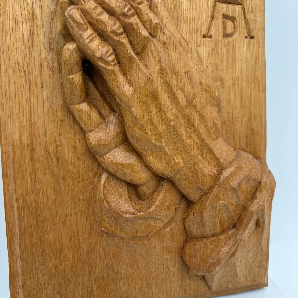 VTG Praying Hands Wall Wooden Plaque, Religious Decor, Hand Carved 9